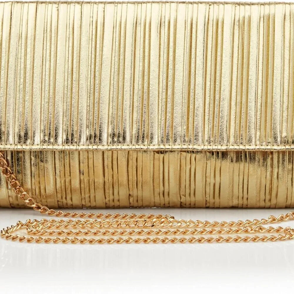 Clutch Purse Women Evening Bag Gold Pleated Flap Formal Party Handbag
